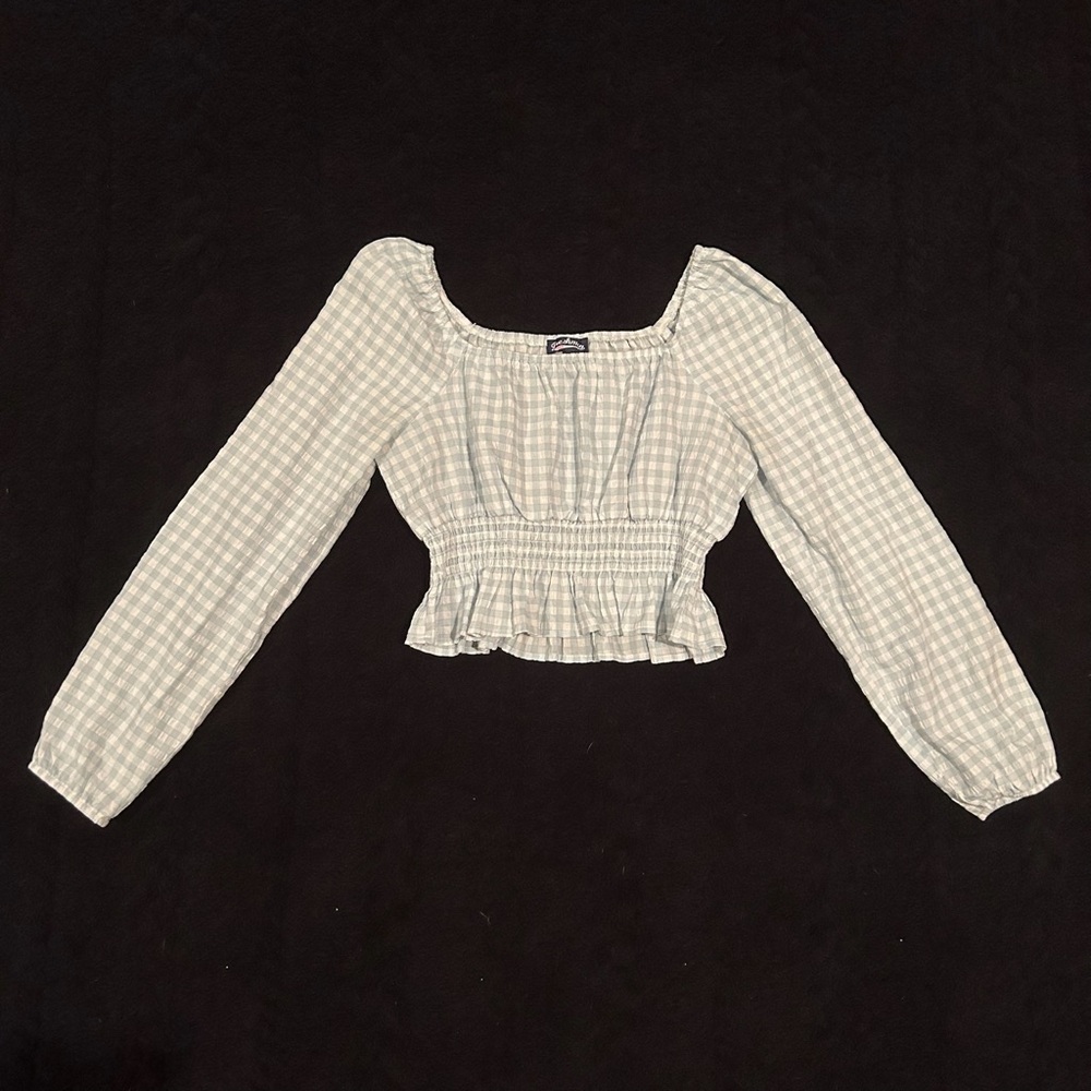 Light blue gingham cropped blouse, size M